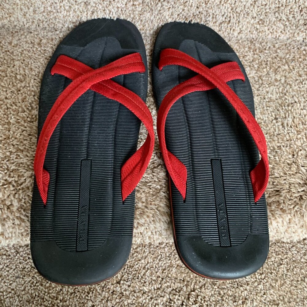 Prada Sport Red Colorblock Pattern Crossover Straps Canvas Slides - Picture 3 of 13